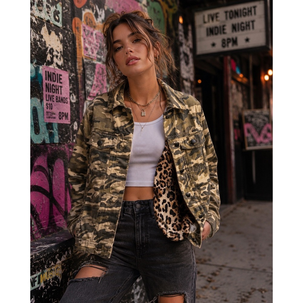 MNI Los Angeles Camo Jacket Womens Small Leopard Lined Cotton Utility Trucker